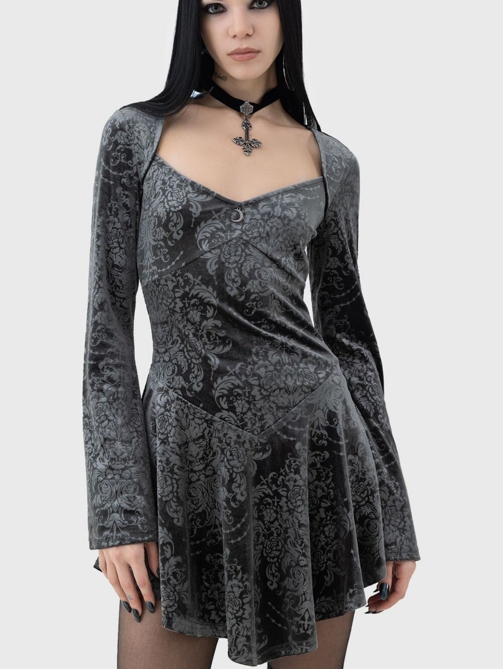 KILLSTAR Velvet Gothic Fit-and-Flare Dress in Dark Gray